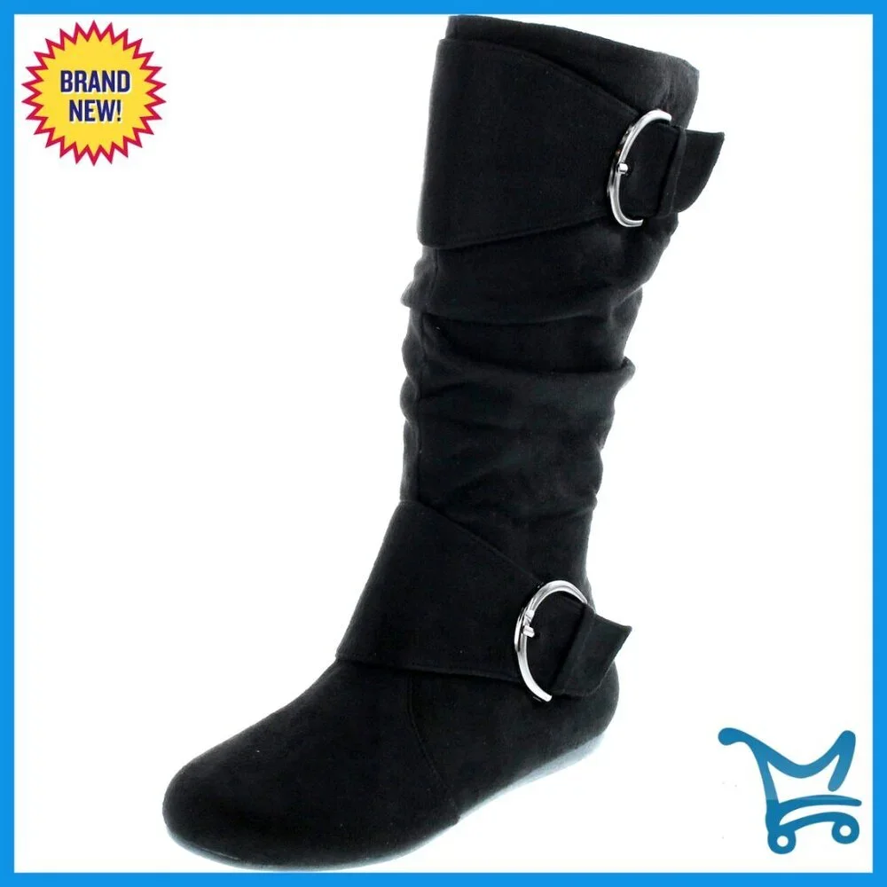 Slouch Mid-Calf Boots with Buckle Closure, Slip-On Zip, Non-Skid Sole